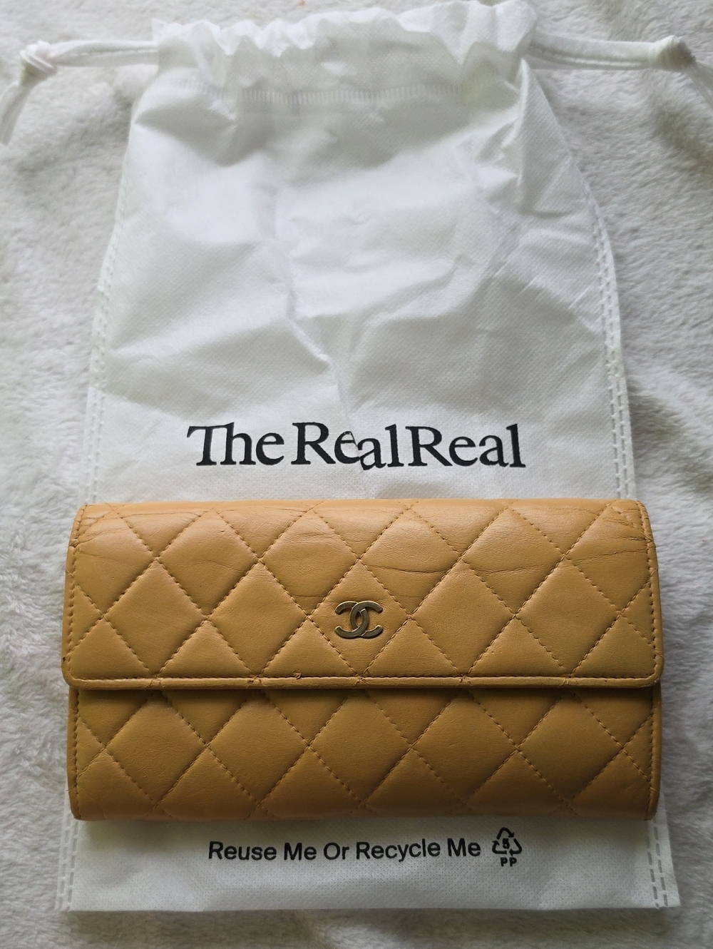Authentic CHANEL Quilted Lambskin Long Wallet in Camel Tan *Has Been Painted